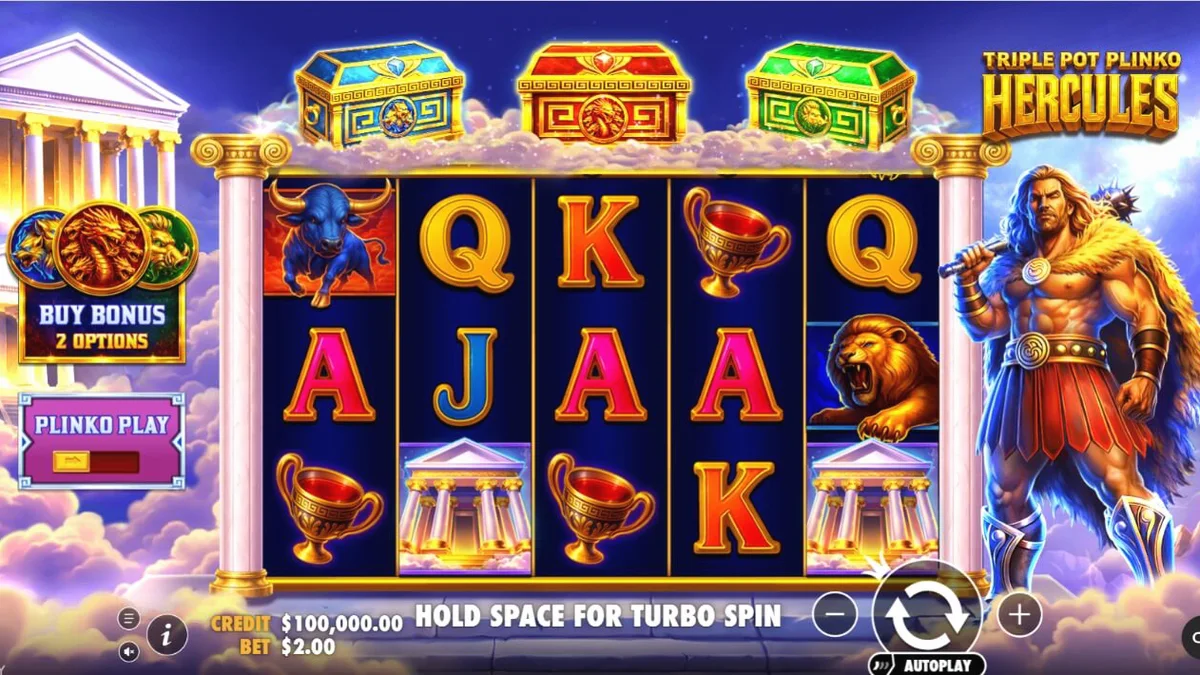 Tampilan visual slot Triple Pot Plinko – Hercules dengan latar belakang Gunung Olympus dan fitur Plinko.