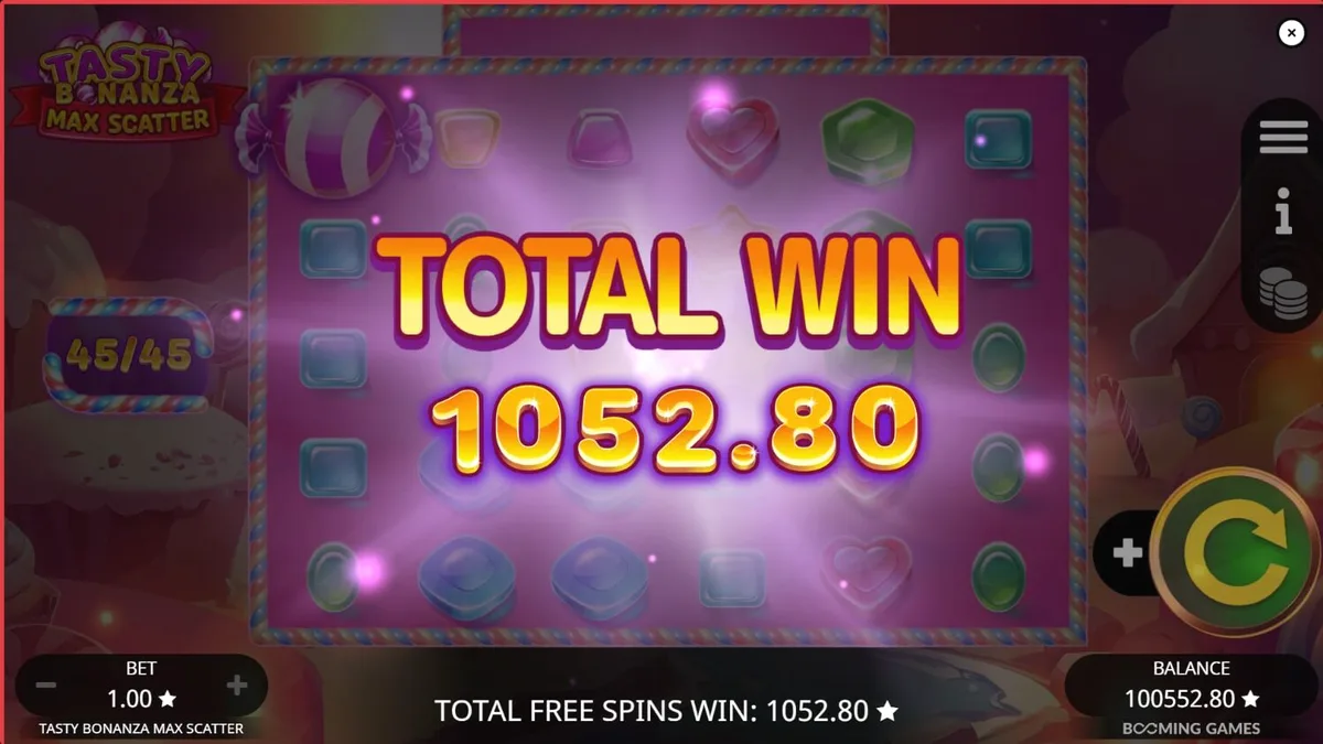 Tampilan visual ceria dari slot Tasty Bonanza Max Scatter dengan latar belakang permen.