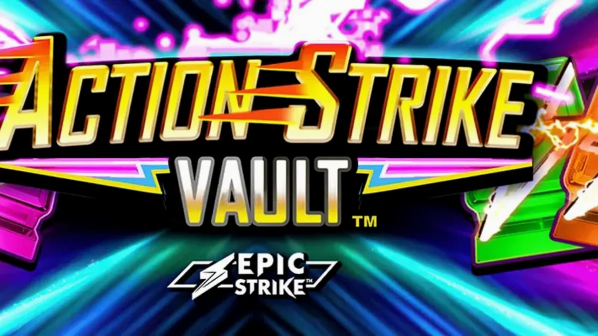 Tampilan visual slot Action Strike Vault dengan tema neon luar angkasa